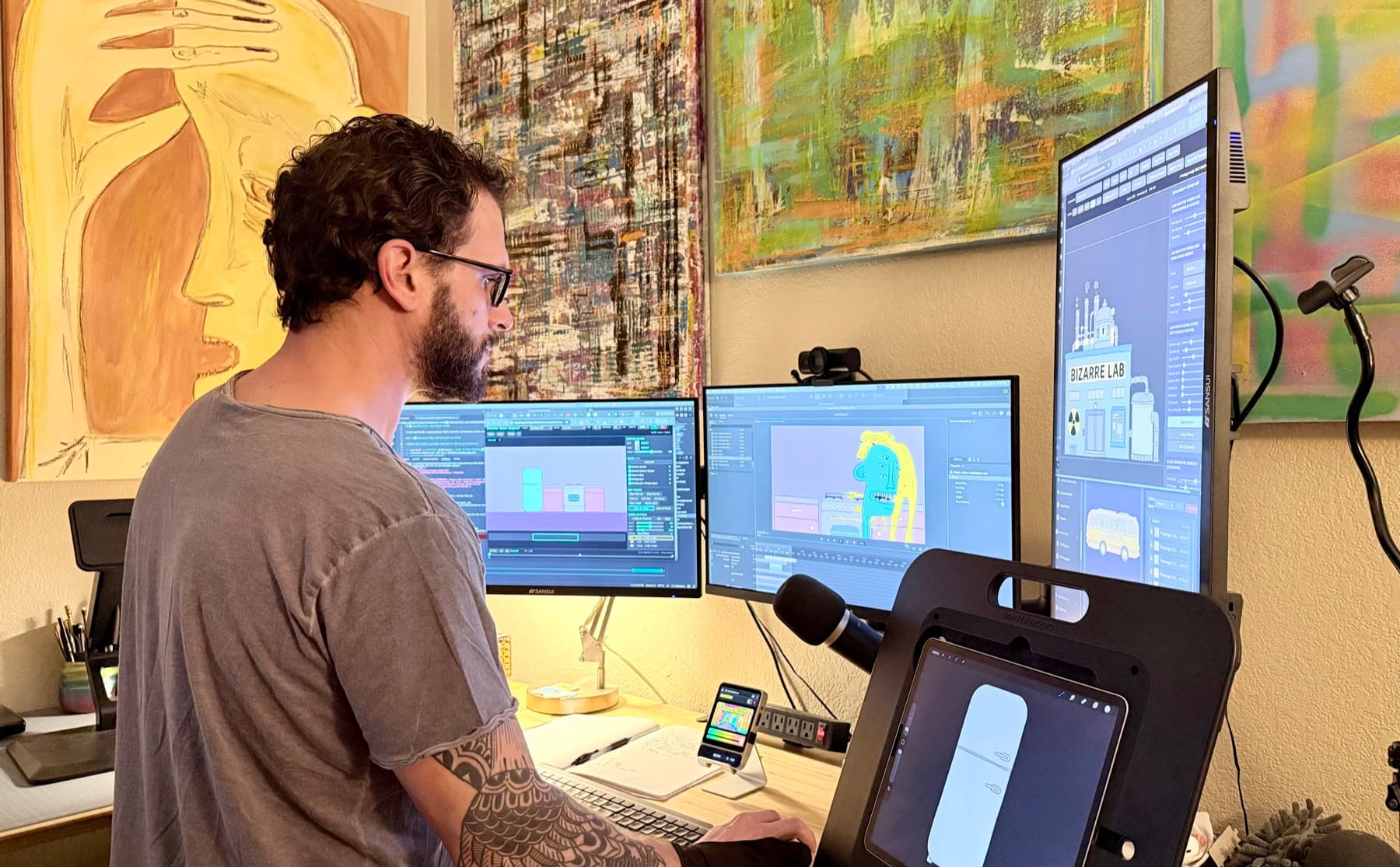 Dylan Yarter at his workstation, where the animation software for the series is written